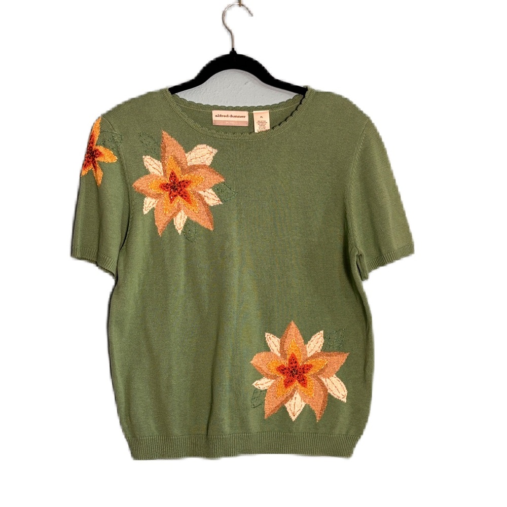 Alfred Dunner Grandma Olive Green Top Sweater Orange Floral Beaded Design PL